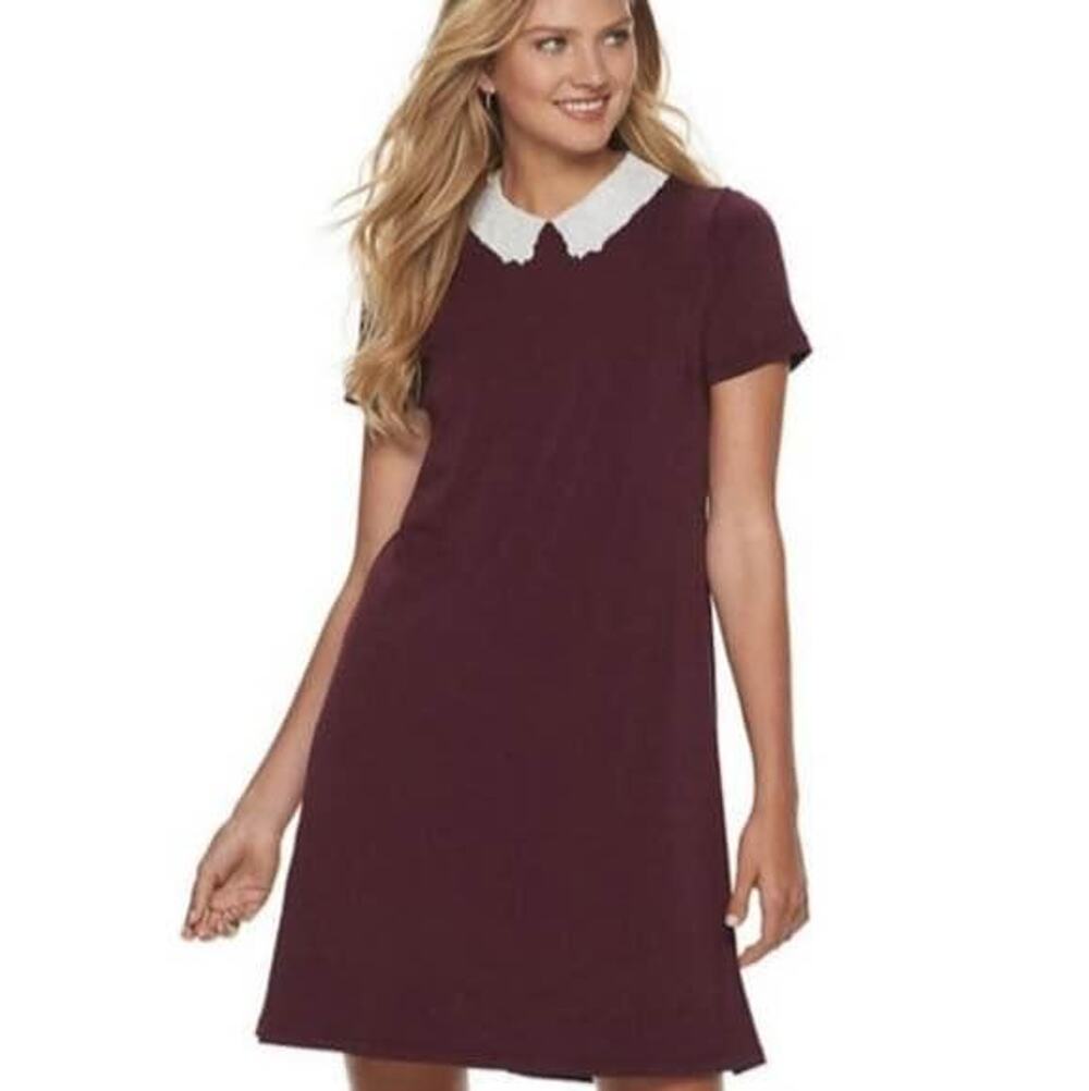New | Elle Burgundy Shift Dress Embroidered Collar | Large